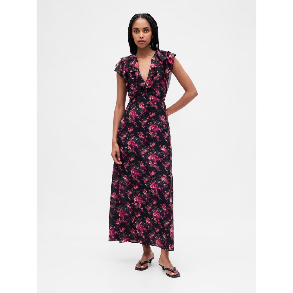 NEW Gap Cotton Blend Ruffle V-Neck Maxi Dress Pink Floral MULTIPLE